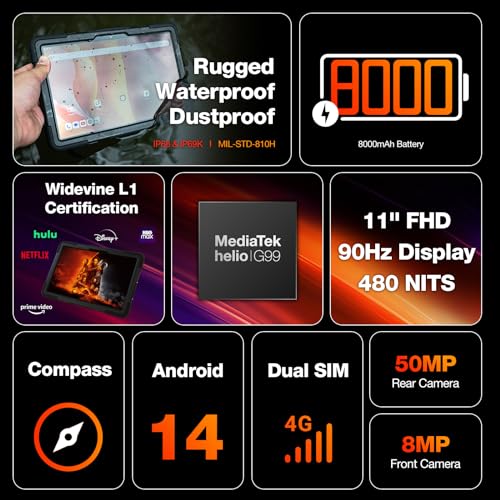 2025 Newest Android Rugged Tablet, AGM PAD P2 Active Waterproof Outdoor Tablet,16(8+8) GB +256GB, 10.95'' FHD, 50MP+8MP, Dual SIM 4G LTE/5G Hz WiFi/GPS/OTG/IP69K/Compass/Widevine L1/Helio G99