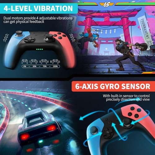 AceGamer Wireless Controller for Switch/Lite/OLED, for Switch Pro with Wake Up, Pro Controller with 6-Axis Gyroscope, Double Shock, Turbo and Screenshot (Red&Blue)