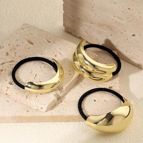 3PCS Metal Hair Ties, Elastic Gold Hair Ties for Think Hair, Elegant and Durable Geometric Design, Stretchy and Non-Damage, Gold Hair Accessories Ponytail Holders, 3 Styles in Box