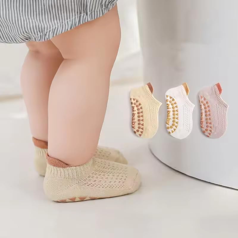 Non-Slip Baby Socks Spring Summer Season - For Baby's Safe Steps - Soft Cotton - Grippy Soles - For Babies, Girls and Boys Toddlers (0-5) Years, 3PCS