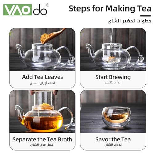 VAODO Glass Teapot Set, 8 Piece Glass Tea Set, 1 Teapot 600ml, 1 Heart Shape Candle Holder and 6 Cups 50ml with Removable Infuser, Tea Gift Sets