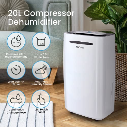 Pro Breeze 20L/Day Dehumidifier - Compressor Dehumidifier, Continuous Drainage, 24h Timer & Auto Defrost, Mould Remover & Moisture Absorber for Home & Bathroom, White
