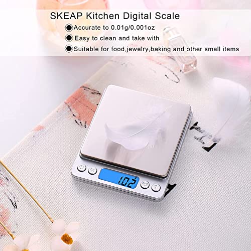 Nabelisen Grams Scale Ounce Mini Scale, 3000g by 0.1g Accuracy, Digital Food Kitchen Durable Scale for Baking,Jewelry, Herbs, Seasoning,9 Units Conversion,Tare Function, Trays Included,Silver