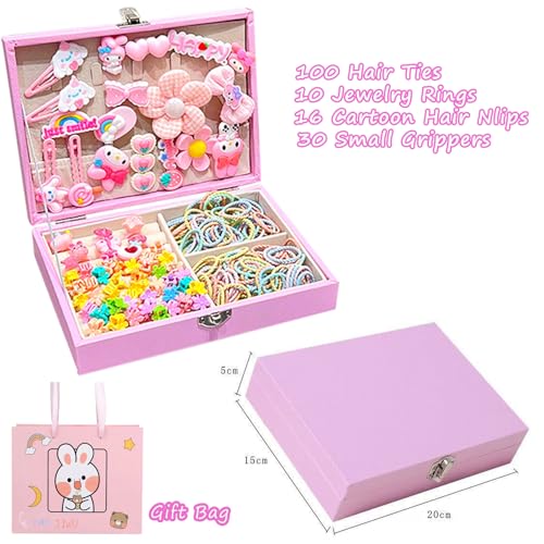Beauenty Hair Accessories Set, Girls Hair Dress Up Kit with Jewelry Box, Hair Ties, Hair Clips, Princess Dress Up Toys Deluxe Set, Gift Toys for Age 3 4 5 6 7 8 9 10 Girls Kids Toddlers (Pink)