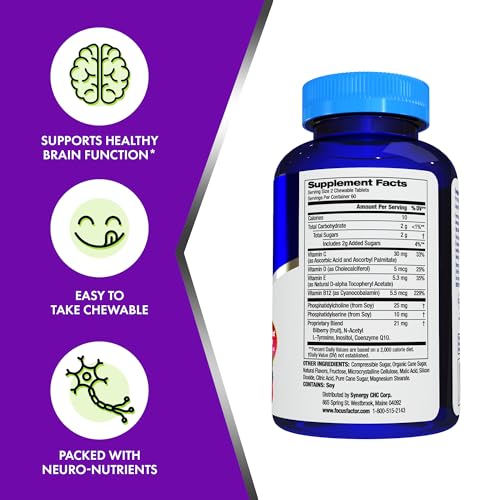 Focus Factor Kids Extra Strength Daily Chewable for Brain Health Support, 120 Count â€“ Vitamins - Quality Formula â€“ Gluten & Dairy Free Supplements for Children â€“ No Artificial Sweetener