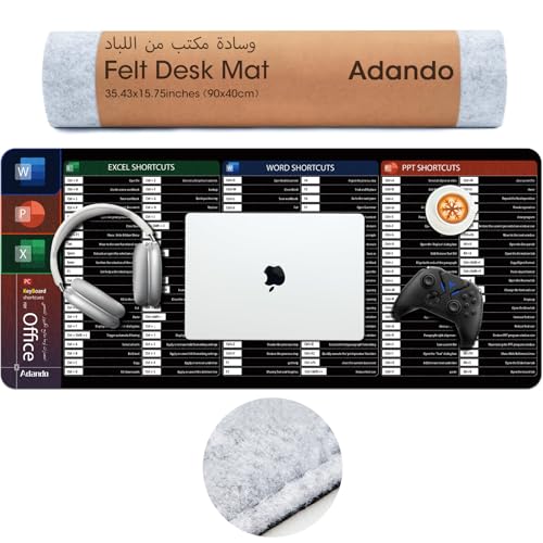 Adando Felt Desk Mat Mousepad: 90x40cm Felt Anti-Slip keyboard and Mouse Pad - Large Desk Pad with Office Shortcuts Pattern for Gaming, Office, Home - Fit for Desk Accessories, PC, Computer, Laptop