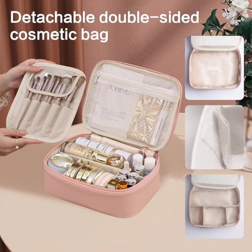Large Makeup Bag, Portable Travel Makeup Bag for Women Girls, Makeup Organizer Cosmetic Bag with Makeup Brush Compartment, Waterproof Leather Makeup Travel Case With Handle and Divider - Black (Pink)