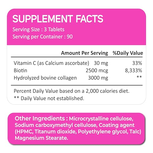 Oladole Natural Super Collagen Peptides + Vitamin C & Biotin, 3g Collagen Per Serving, Gluten Free, Promotes Healthy Hair, Beautiful Skin, and Nail Support, Dietary Supplement, 270 Tablets