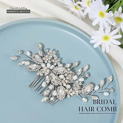 TERRIFI Crystal Bride Wedding Hair Comb, Pearl Bridal Hair Piece Hair Accessories for Women and Girls, Silver