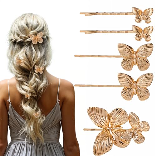 Piriuuo 5 Pieces Gold Butterfly Hair Clips, Butterfly Hair Pins Bridal Wedding Decoration Hair Pins Bride Headwear Butterfly Hair Accessories for Women and Girls