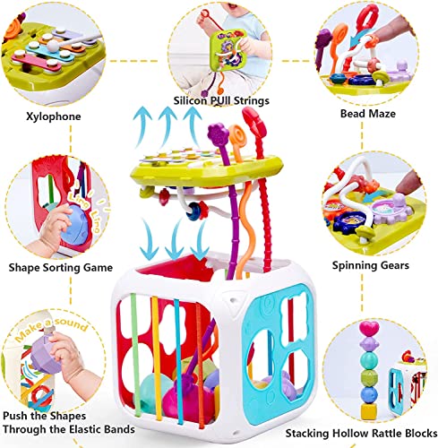 AM ANNA Baby Shape Sorting Toy, Montessori Sensory Activity Colorful Cube,7 in 1 Multifunction Educational Toys with Sensory Sorting Bin with Elastic Bands,Stacking Blocks for Ages 12 Months+