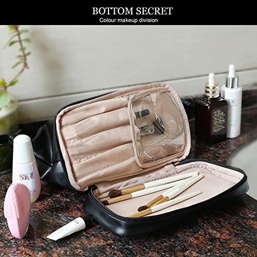 NAWOKEENY® Double Layer Cosmetic Bag - Large Capacity Portable Toiletry Bag for Travel, Makeup Organizer, PU Leather, Waterproof (Black)