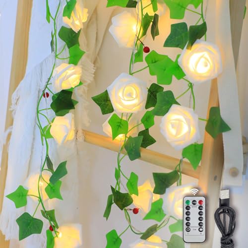 Wolii LED Rose Flower String Lights, Artificial Flower with LED Copper Light String for Marriage Proposal Wedding Birthday Party Christmas Valentine Indoor and Outdoor Decoration(White Rose)