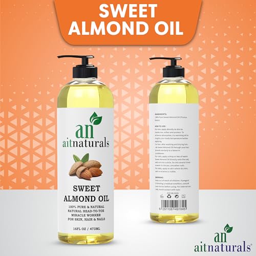 Aitnaturals Organic Sweet Almond Oil - 473ml | 100% Pure, Cold-Pressed | Ideal for Hair Growth, Nails, Glowing Skin and Face | Vitamin E Carrier Oil for Moisturizing, Facial Polish and Body Massages