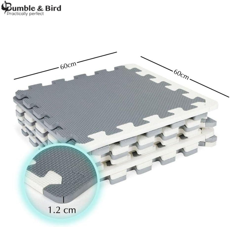 Bumble & Bird - Baby Play Mat - Motor Skills - Educational Mat - Non-Toxic EVA Foam - Waterproof - Easy to Clean - Easy to Store - 9pcs + 12 Edges - 60cm x 60cm x 1.2cm - Grey