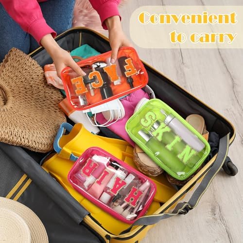Pinkunn 4 Pcs Preppy Makeup Bags Christmas Chenille Letter Bag Face Skin Hair Stuff Cosmetic Bag Corduroy Makeup Pouch with Zipper Birthday Gifts for Women(Purple, Pink, White, Blue,Corduroy)