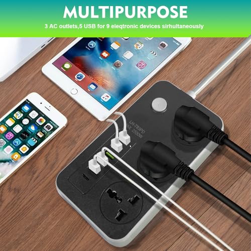 SKY-TOUCH Power Strips Extension Cords 3 Outlets, Universal Power Socket with 5 USB & 1 Type-C Ports, 2M Bold Extension Cord Plug Adapter for Home, Office, Kitchen