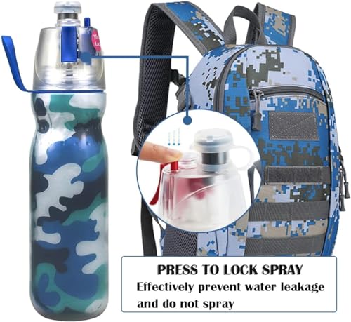 TERRIFI Insulated Sports Water Bottle - 20 OZ, Leak Proof, Spray Mist, Sip Kids Cool Misting Water Bottles for Gym, Cycling, Running, Climbing - Camo Blue