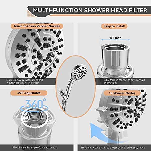 JNILE Filtered Shower Head, 15 Stage Handheld Shower Head Filter for Hard Water, 10 Modes High Pressure Shower Head with 60" Hose and Bracket, Remove Chlorine and Harmful Substance