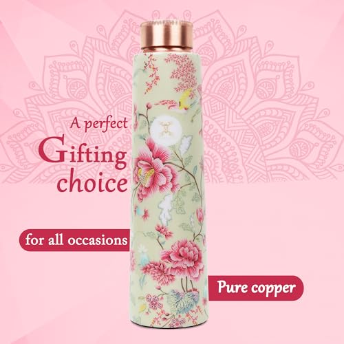 MERCAPE® - 100% Pure Joint Less Copper Bottles for Water with Leak Proof Lid | Ayurveda BPA Free & Non Toxic | Ayurvedic Office | Flower Print Bottle | Hiking Treking Bottle - 900ml