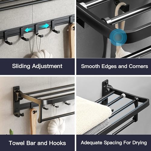 TERRIFI 60 cm Foldable Towel Rack withTowel Bar, Wall-Mounted Towel Shelf, Matte Black, Rustproof, Drillable, with Movable 5 Hooks, for Bathroom Lavatory Storage