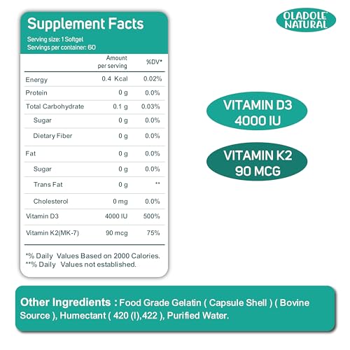 Oladole Natural Vitamin D3 4000 IU + K2 Supplement â€“ 60 Softgels Supports Bone Health, Immunity, Healthy Muscle Function, and Bone Density | Gluten-Free, Non-GMO
