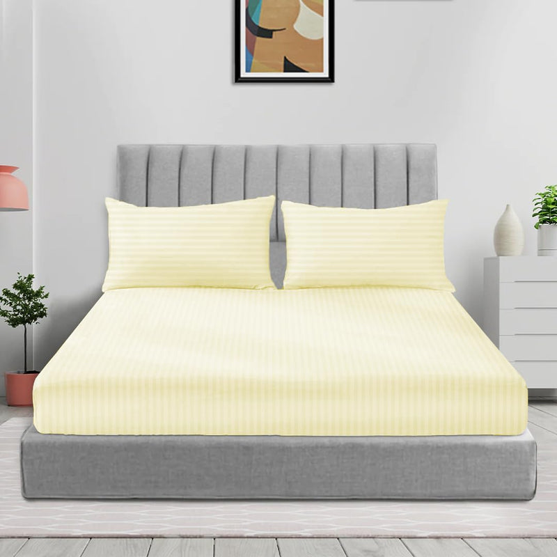 Sleep Well Microfiber Stripe Fitted Sheet with Pillowcase Set - 90x200+17cm (Beige) - Cream 200x200+17cm