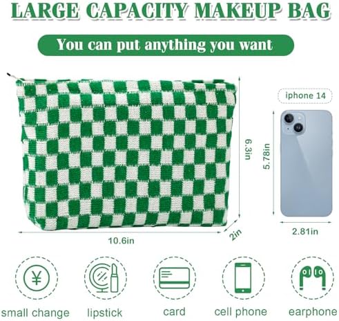 ZLFSRQ 3Pcs Checkered Makeup Bag for Women Large Cosmetic Bag Set Travel Toiletry Bag Makeup Pouch Bag for Purse Pink Zipper Storage Bag Organizer Cute Small Aesthetic Girls Car Essentials Bag