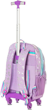 4-wheel Trolley 17" School Bag Set of 3 w/Lunch Bag and Pencil Pouch - Love Purple