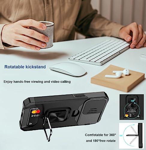rojarou for iPhone X Case,iPhone Xs case with Card Holder,Slide Camera Cover and 360? Rotate Ring Kickstand Heavy Duty Protective Phone Case for Apple iPhone X Cover/iPhone Xs Cover-Black