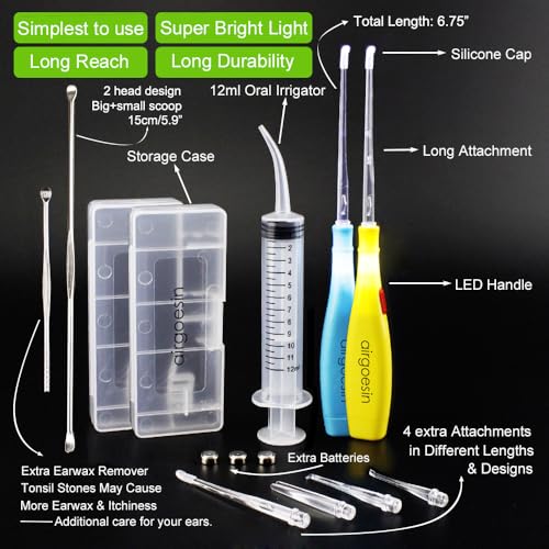 Airgoesin™ 2 Lighted Earwax Removal or Tonsil Stone Remover Tool, 6 Tips, Tonsillolith Pick Case + Irrigator Clean