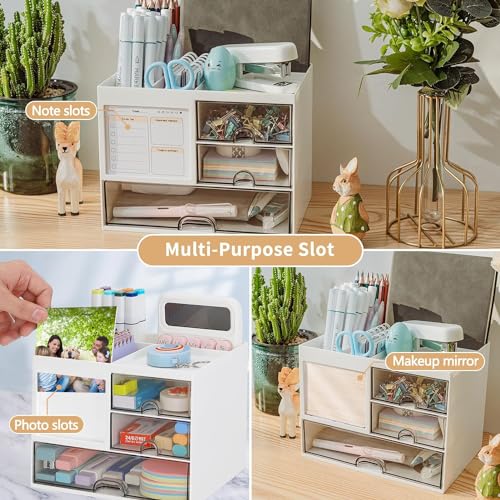 Angju Desk Organizer with 3 Drawer, Multi-Functional Pencil Pen Holder for Desk, Desk Organizers and Storage with 5 Compartments, Desktop Organizer for Office Home Art Supplies and Cosmetic
