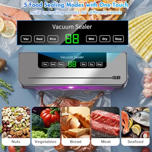 Necomi Vacuum Sealer, 6-in-1 Automatic Sealing Food Saver Machine with 30Pcs Sealing Bags, Dry & Moist Sealing Modes, Built-in Cutter,for Food Fresh and Storage