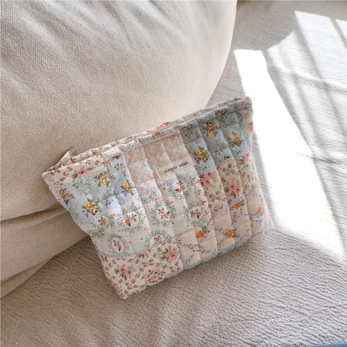Sminra Floral Makeup Bag Large Cotton Quilted Cosmetic Makeup Bag Organizer, Aesthetic Portable Pouch Purse Toiletry Bag for Women Girls Travel accessories(Blue Floral-L)
