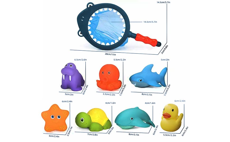 WA World Atlantus 8Pcs Baby Bath Toys, Scoop Net Fish Pool Toys With Spray, Sounds, Color Changing Toddler Bathtub Toys