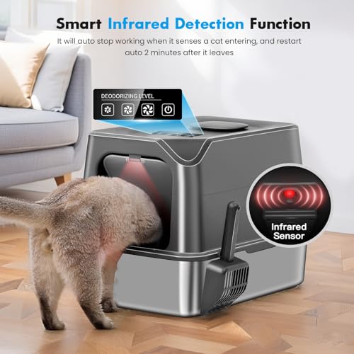 Angju Stainless Steel Cat Litter Box with Lid, Extra Large Cat Litter Box with Plasma Deodorizing for Eliminating 99% Odor, Enclosed Cat Litter Boxes, Metal Covered Litter Box, Anti-Urine Leakage