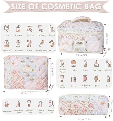 xiaochen 3PCS Makeup Bag Set,Cotton Quilted Makeup Bag,Floral Large Travel Cosmetic Bag,Flower Travel Toiletry Bag, Cute Aesthetic Toiletry Bag for Women Girls