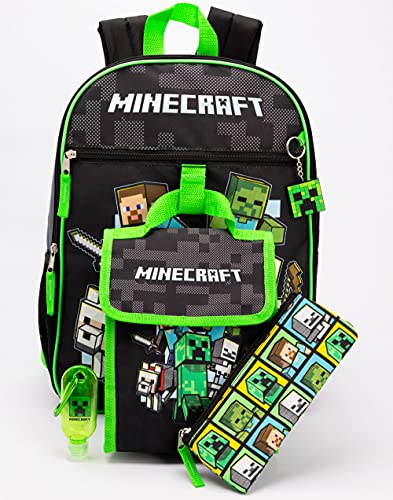 Minecraft Kids School Backpack and Lunch Box 5 Pieces One Size, Black, One Size, Black, One Size, Black, Taille unique