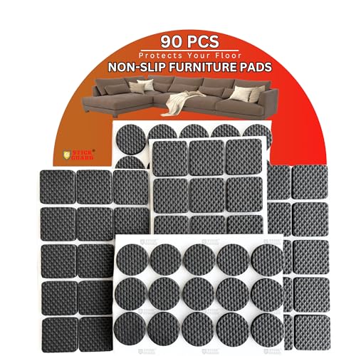 StickGuard Non Slip Furniture Rubber Leg Pads for Hardwood Floors 90 Pcs - 45 Round, 45 Square Furniture Feet - Rubber Furniture Floor Protectors - Chair, Table, Couch, Bed Stoppers to Prevent Sliding
