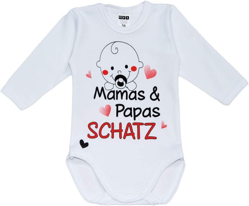MEA BABY Unisex Baby Long-Sleeved Bodysuit with Saying Mamas & Papas Schatz, 100% Cotton, Baby Bodysuit White for Girls, Baby Bodysuit White for Boys