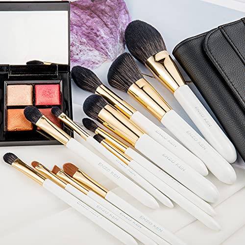 ENZO KEN White and Gold Organic Makeup Brush Set by, 12 Piece Pearls Eyeshadow Brush Sets with Trave Case, Large Thick Face Contour Brushes with Roll up Bag - Professional Basic Sets & Kits