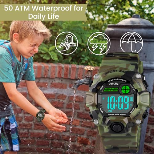 CakCity Boys Camouflage LED Sports Kids Watch Waterproof Digital Electronic Military Wrist Watches for Kids with Silicone Band Alarm Stopwatch Watches Age 5-10