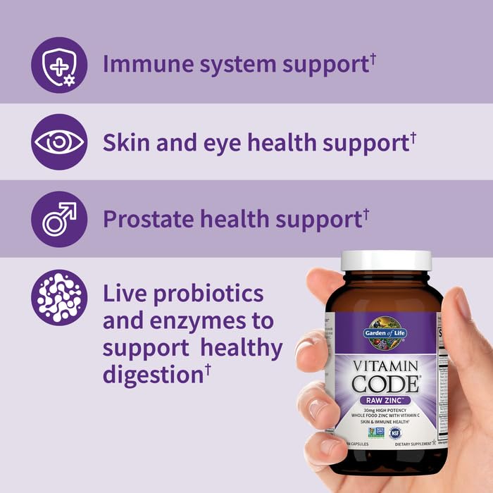 Garden of Life Vitamin Code Raw Zinc, 30Mg Whole Food Zinc Supplement + Vitamin C, Trace Minerals & Probiotics For Immune Support, Certified Vegan Non-Gmo & Gluten Free Zinc Supplements, 60 Capsules