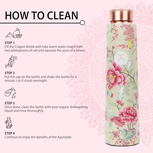 MERCAPE® - 100% Pure Joint Less Copper Bottles for Water with Leak Proof Lid | Ayurveda BPA Free & Non Toxic | Ayurvedic Office | Flower Print Bottle | Hiking Treking Bottle - 900ml