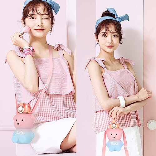 Fuyamp Kawaii Bear Water Bottle With Straw and Strap,800ml Cute Gradient Colorful Water Bottles Portable Leakproof BPA-free Drinking Cups for Kids Girls Women Sports Camping Picnic Hiking Travel