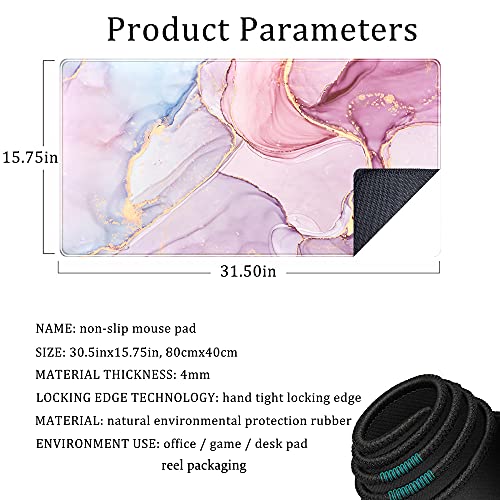 Desk mat XXL Mouse pad, Pink Rose Gold Marble Office Supplies and Accessories Decor Office for Women 31.5X15.75in,Stitched Edges Smooth Surface and Non-Slip Rubber Bottom,Large Mouse pad for Desk …