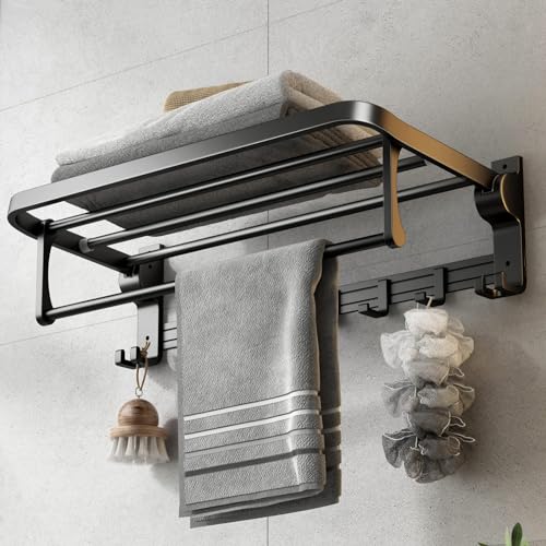 TERRIFI 60 cm Foldable Towel Rack withTowel Bar, Wall-Mounted Towel Shelf, Matte Black, Rustproof, Drillable, with Movable 5 Hooks, for Bathroom Lavatory Storage