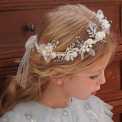 JWWYJ Princess Flower Crystal Headpiece Rhinestone Pearl Headband Alloy Floral Bridal Hair Accessories Communion Wedding Prom Photography for Girls and Women
