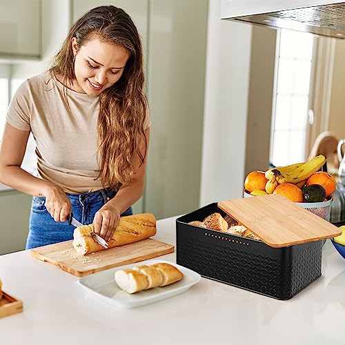 Worephu Bread Bin Bread Storage Box with Bamboo Lid, Black Bread Storage Container Bin, for Kitchen Countertop Organizer (Black)