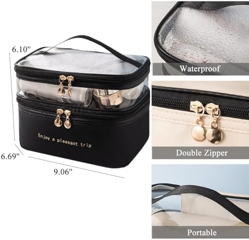 Diylove Travel Makeup Bag Organizer Waterproof Double Layer Cosmetic Bag Large Capacity Storage Bag for Traveling (Black)